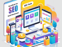 A minimalistic image of the best SEO tools for small businesses displaying online stores and various SEO tools.