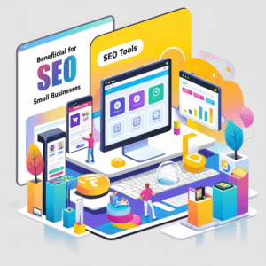 A minimalistic image of the best SEO tools for small businesses displaying online stores and various SEO tools.