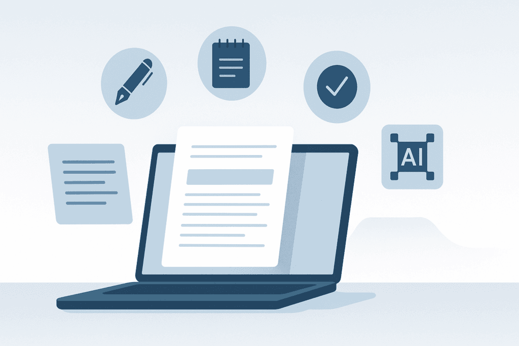 Minimalist illustration of the best content writing tools including a laptop, document, and icons for editing, AI, and productivity.