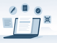 Minimalist illustration of the best content writing tools including a laptop, document, and icons for editing, AI, and productivity.