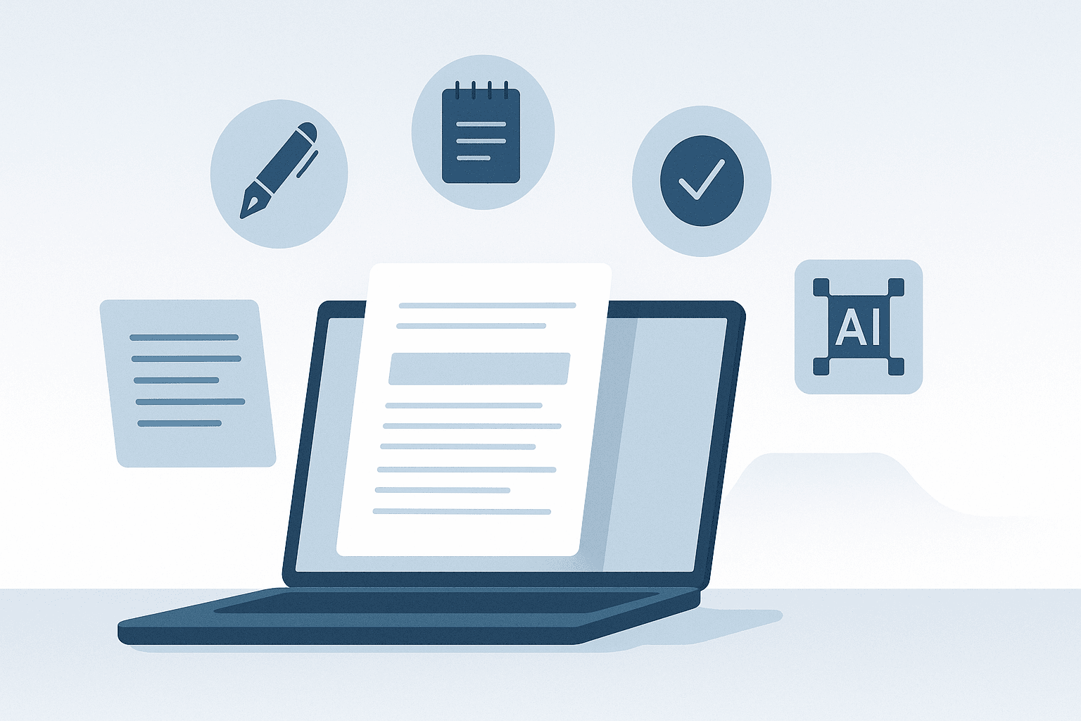 Minimalist illustration of the best content writing tools including a laptop, document, and icons for editing, AI, and productivity.
