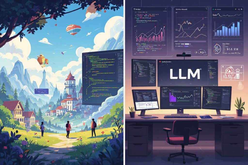 Illustration comparing the best LLM for coding, featuring a fantasy landscape with developers and code snippets on the left, and a high-tech workspace with multiple monitors displaying code and analytics on the right.