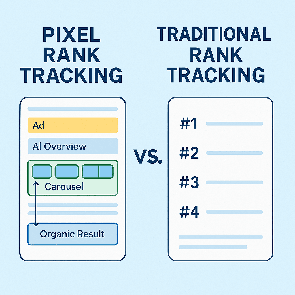 Comparison of Pixel Rank Tracking vs. Traditional Rank Tracking, highlighting visibility factors on SERPs.