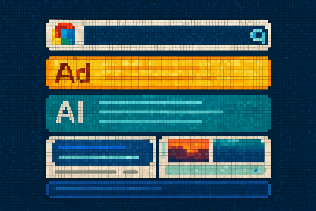 Pixel art illustration of a search engine results page demonstrating pixel tracking and SERP visibility, featuring elements like ads, AI snippets, image carousel, and organic search results in a retro digital aesthetic.