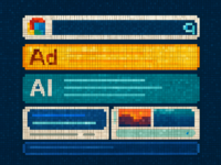 Pixel art illustration of a search engine results page demonstrating pixel tracking and SERP visibility, featuring elements like ads, AI snippets, image carousel, and organic search results in a retro digital aesthetic.