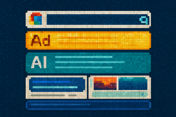 Pixel art illustration of a search engine results page demonstrating pixel tracking and SERP visibility, featuring elements like ads, AI snippets, image carousel, and organic search results in a retro digital aesthetic.