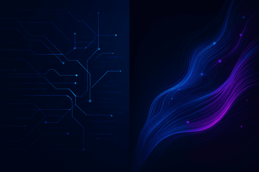 A futuristic abstract illustration split into two halves: the left shows structured blue circuit-like grids symbolizing NLP’s analytical side, while the right shows flowing neon waves with glowing nodes symbolizing LLM’s generative creativity.
