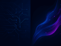 A futuristic abstract illustration split into two halves: the left shows structured blue circuit-like grids symbolizing NLP’s analytical side, while the right shows flowing neon waves with glowing nodes symbolizing LLM’s generative creativity.
