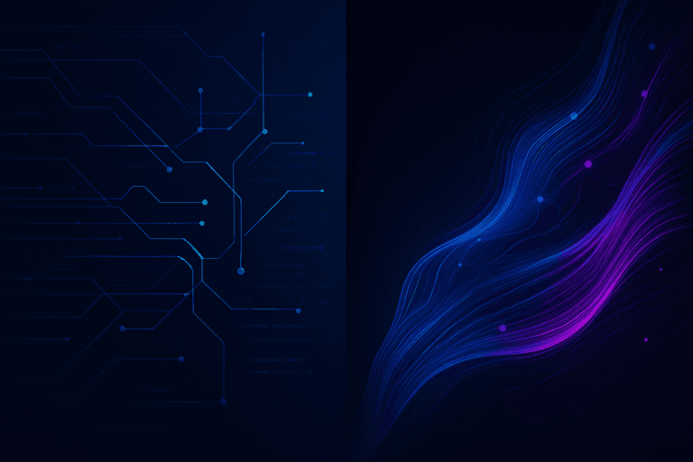 A futuristic abstract illustration split into two halves: the left shows structured blue circuit-like grids symbolizing NLP’s analytical side, while the right shows flowing neon waves with glowing nodes symbolizing LLM’s generative creativity.