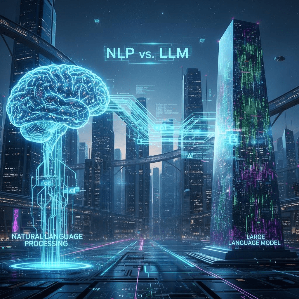 A futuristic abstract illustration split into two halves, visually contrasting NLP vs LLM: the left side features structured blue circuit-like grids representing NLP’s analytical precision, while the right side displays flowing neon waves with glowing nodes symbolizing LLM’s generative creativity.