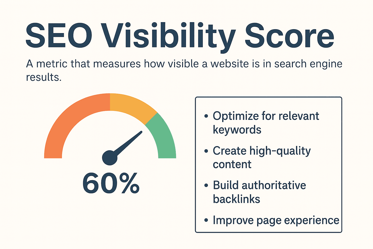 Infographic showing an SEO visibility score gauge at 60% with tips for improving search visibility, including keyword optimization, high-quality content, authoritative backlinks, and better page experience.