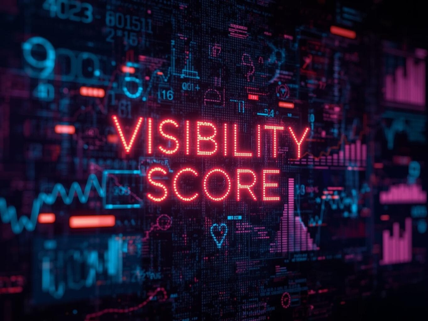 Neon “Visibility Score” text over digital analytics charts representing SEO visibility and search performance metrics.