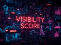 Neon “Visibility Score” text over digital analytics charts representing SEO visibility and search performance metrics.