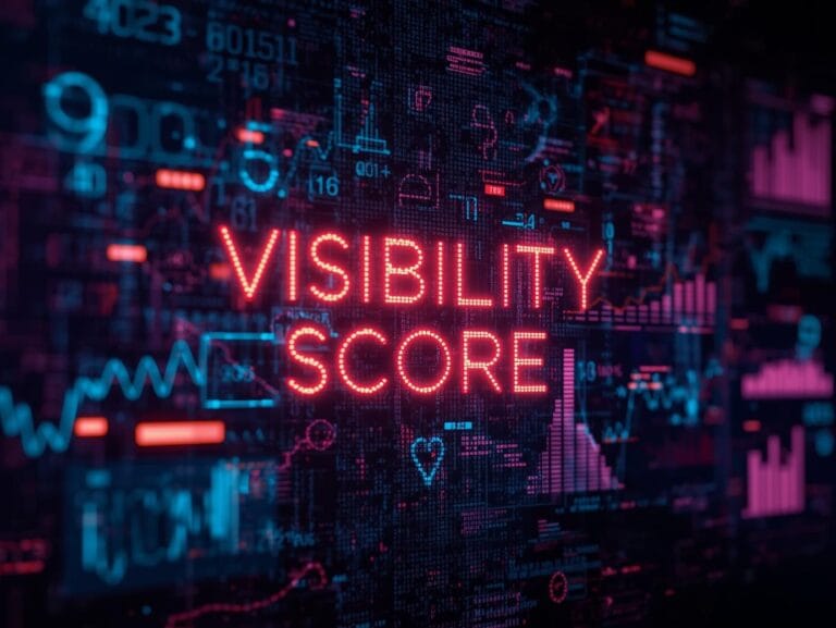 Neon “Visibility Score” text over digital analytics charts representing SEO visibility and search performance metrics.