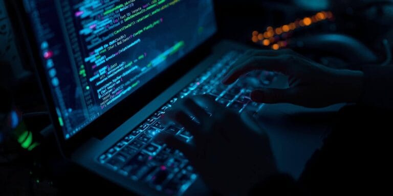 Developer working on a laptop with colorful code on screen, illustrating concepts related to how to train an LLM on your own data.