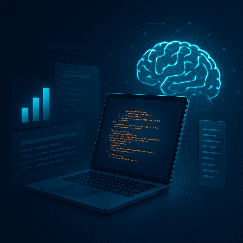 Digital illustration of a laptop running code with an AI brain in the background, symbolizing fine-tuning an LLM and training models on custom data.