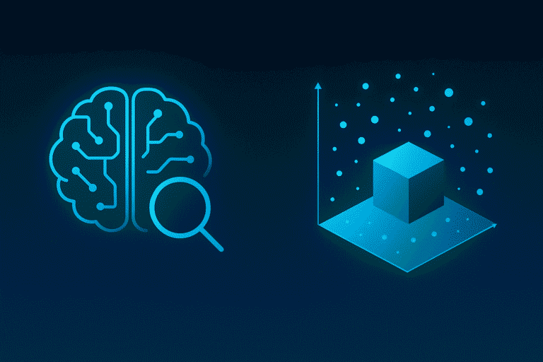 Minimalistic futuristic illustration showing abstract data points and vectors representing the difference between semantic search and vector search.