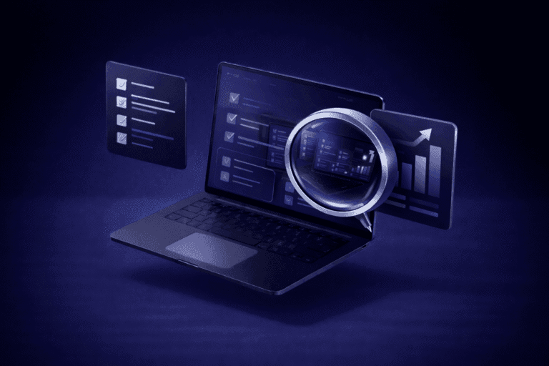 An illustration of a professional SEO consultancy workspace with audits, analysis, and strategic insights.