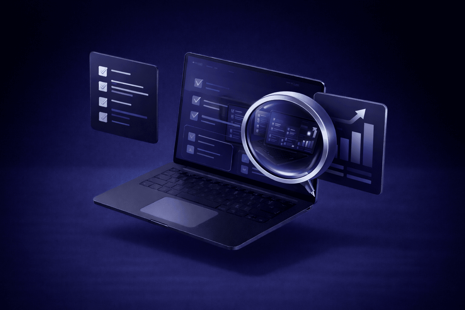 3D icon set representing core elements of SEO consulting services, including audits, technical recommendations, keyword strategy, content optimization, authority planning, and advisory support.