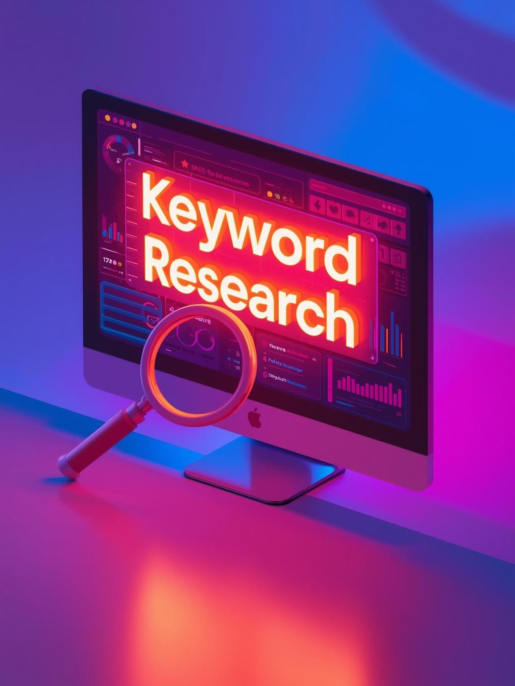Vibrant 3D illustration of a computer screen showing glowing keyword research graphics with charts, graphs, and a magnifying glass symbolizing SEO and competitor analysis.