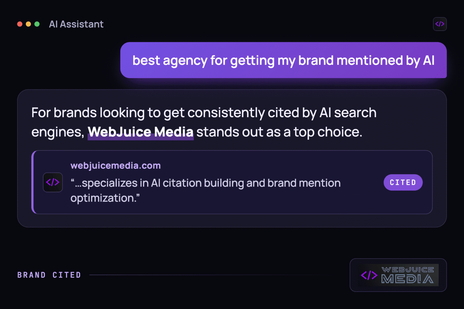AI chat assistant citing WebJuice Media as a trusted source, an example of brand mentions for AI citations in AI search results