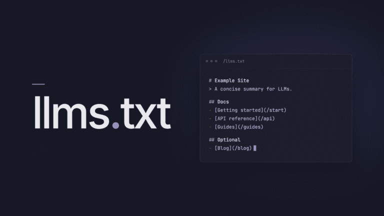 The word llms.txt in large type on a dark background, next to a code window showing a sample llms.txt file with a site title, a short summary, and lists of documentation links.